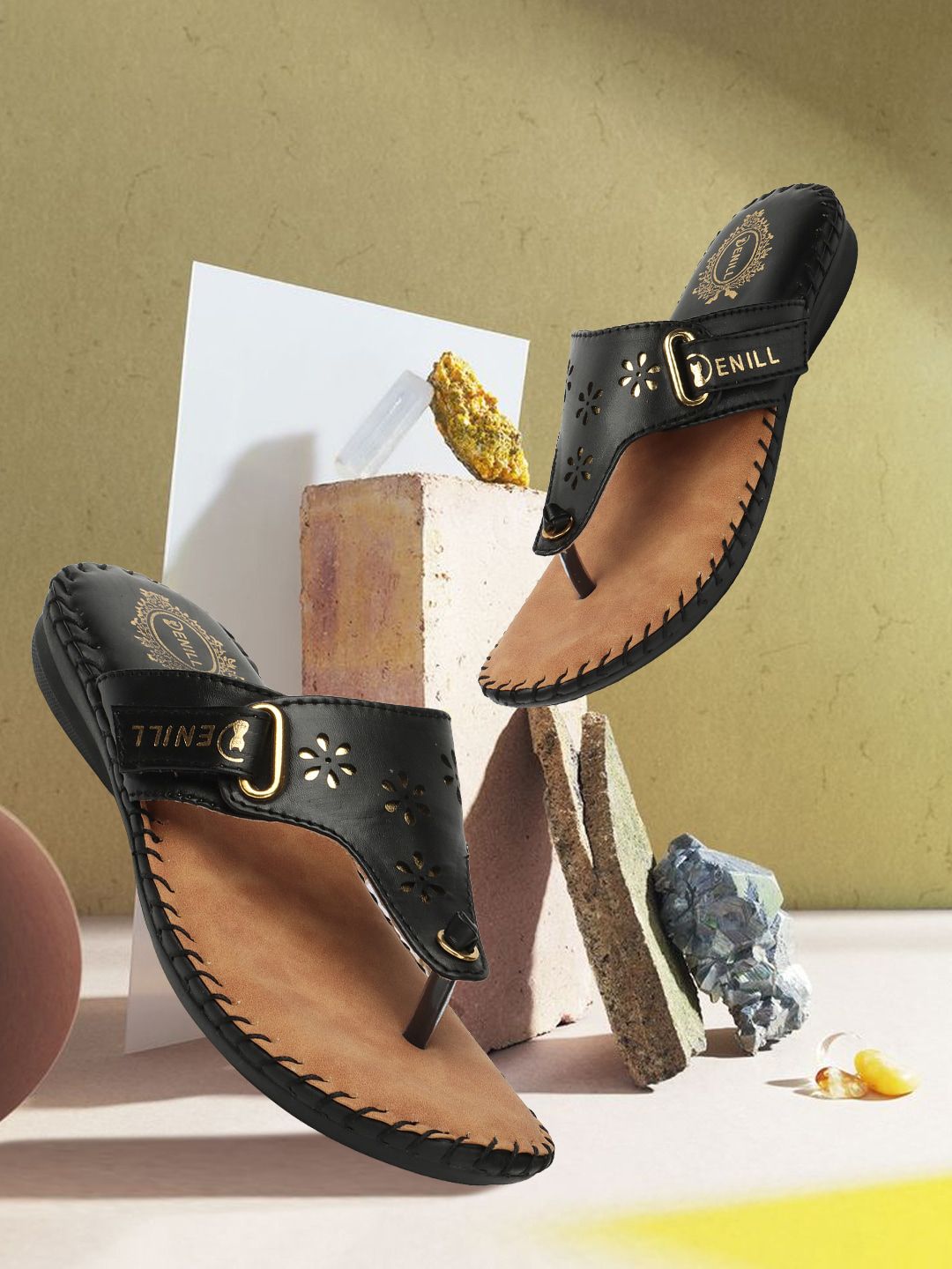 Denill Textured T-Strap Flats With Laser Cuts Price in India
