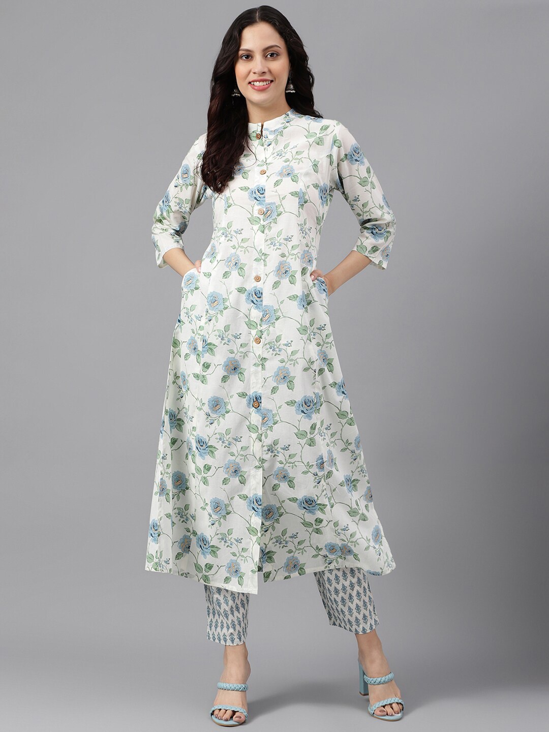 KALINI Mandarin Collar Floral Printed Panelled A-Line Pure Cotton Work Kurta Price in India