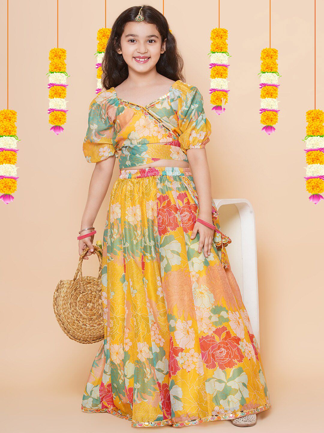 Bitiya by Bhama Girls Floral Printed Ready to Wear Lehenga & Choli Price in India