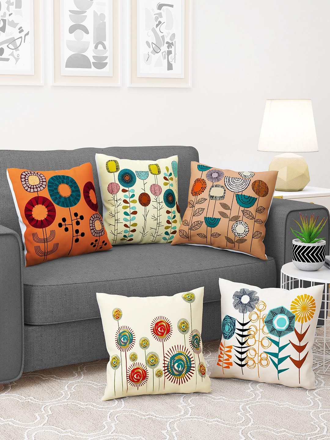 Story@home Story@home Mustard & Green 5 Pieces Floral Square Cushion Covers