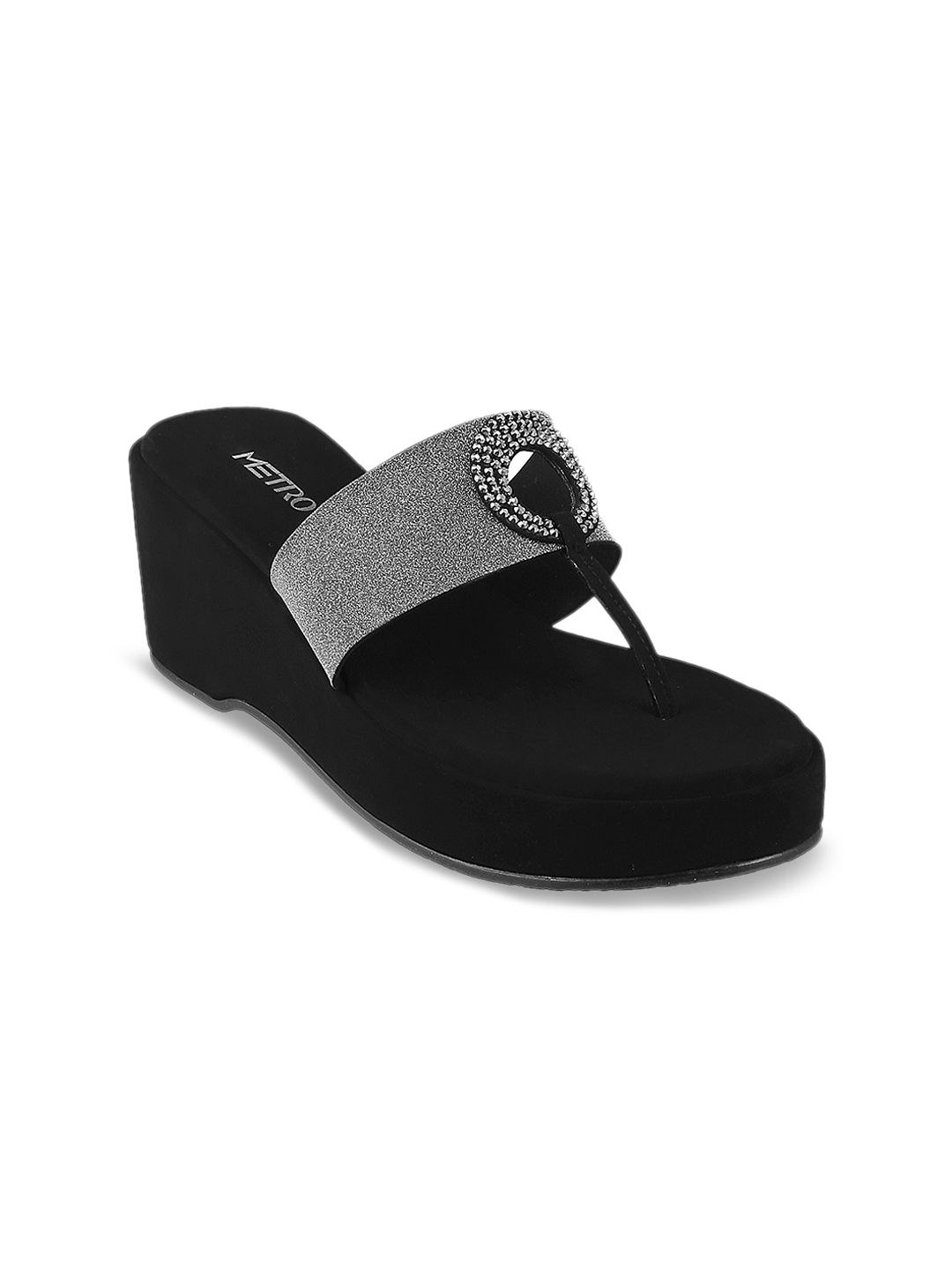 Metro Women Black & Silver Solid Sandals Price in India