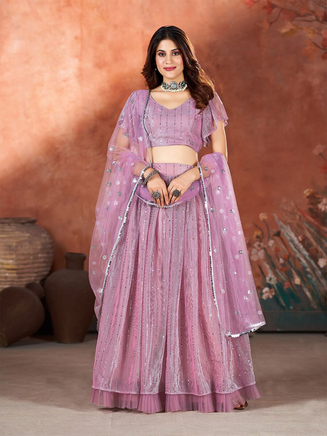SHOPGARB Embroidered Sequinned Semi-Stitched Lehenga & Unstitched Blouse With Dupatta Price in India
