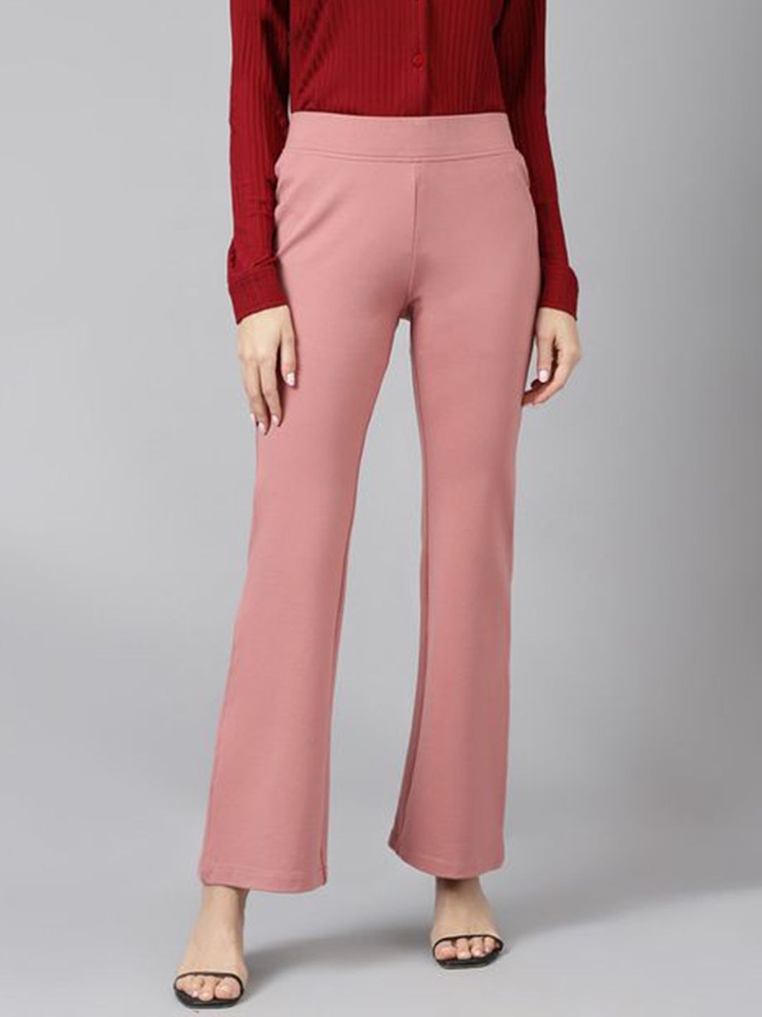 WESTHOOD Women Peach-Coloured Smart Flared High-Rise Trousers Price in India