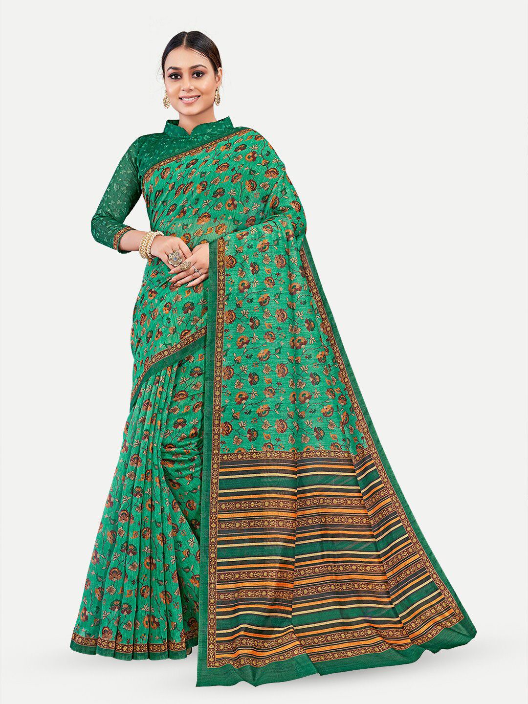 TAVAS Green & Yellow Floral Silk Blend Chanderi Saree Price in India