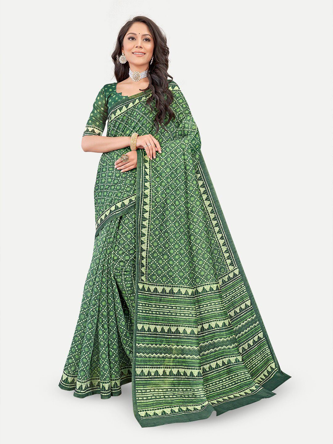 TAVAS Green & Cream-Coloured Floral Silk Blend Chanderi Saree Price in India