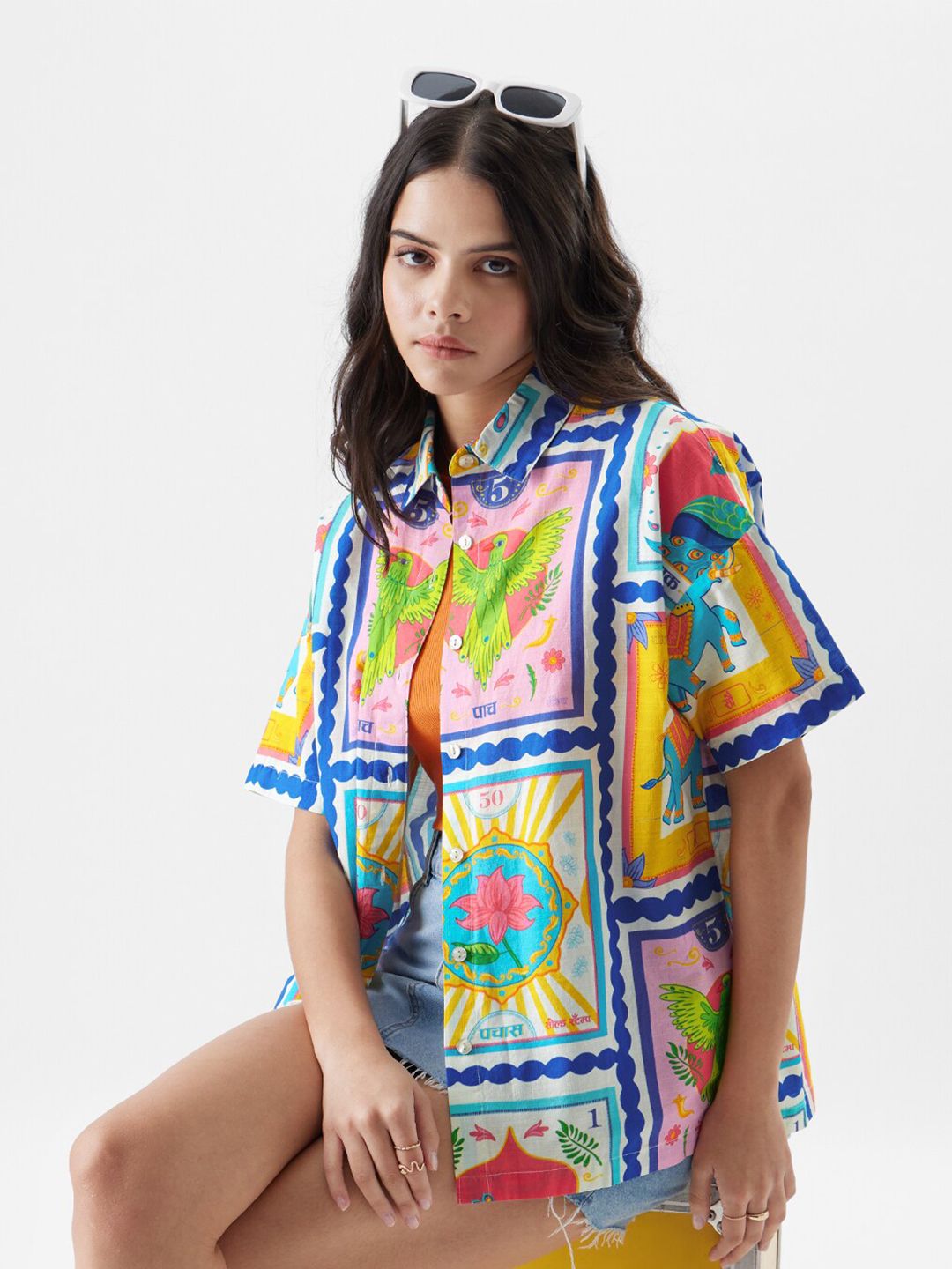 The Souled Store Blue & pink Graphic Printed Oversized Pure Cotton Casual Shirt Price in India