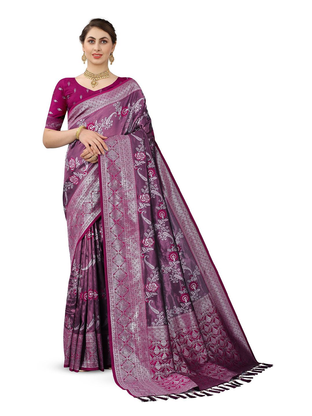 CLEMIRA Burgundy & Gold-Toned Woven Design Zari Silk Blend Saree Price in India