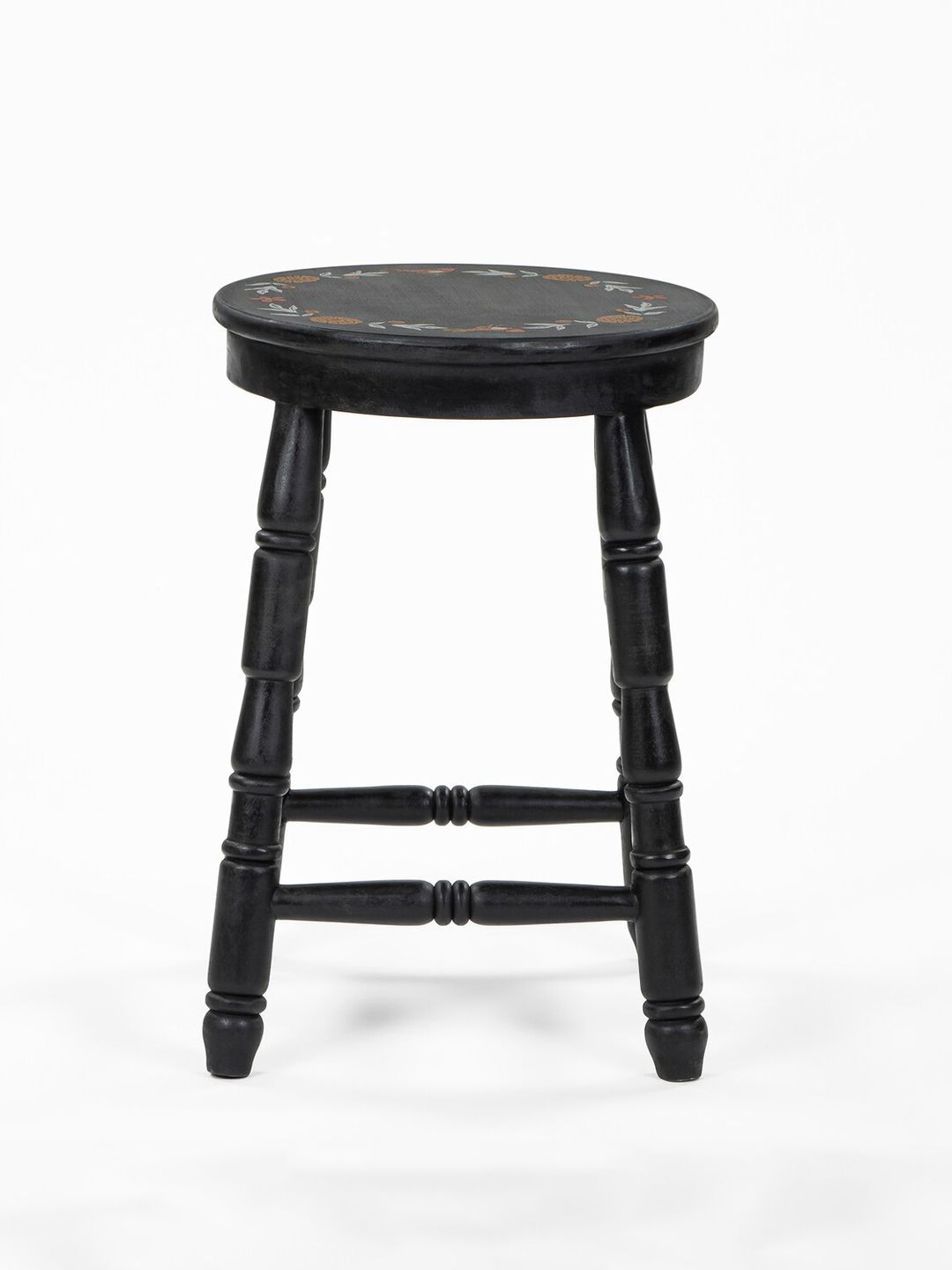 Chumbak Black Printed Round Wooden Ottomans