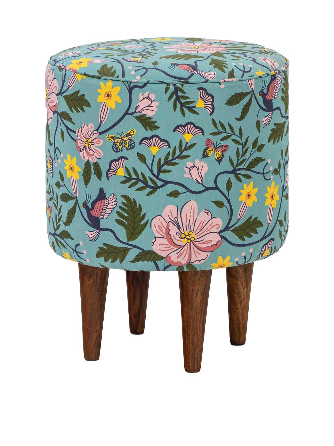 Chumbak Green & Yellow Floral-Printed Round Ottomans