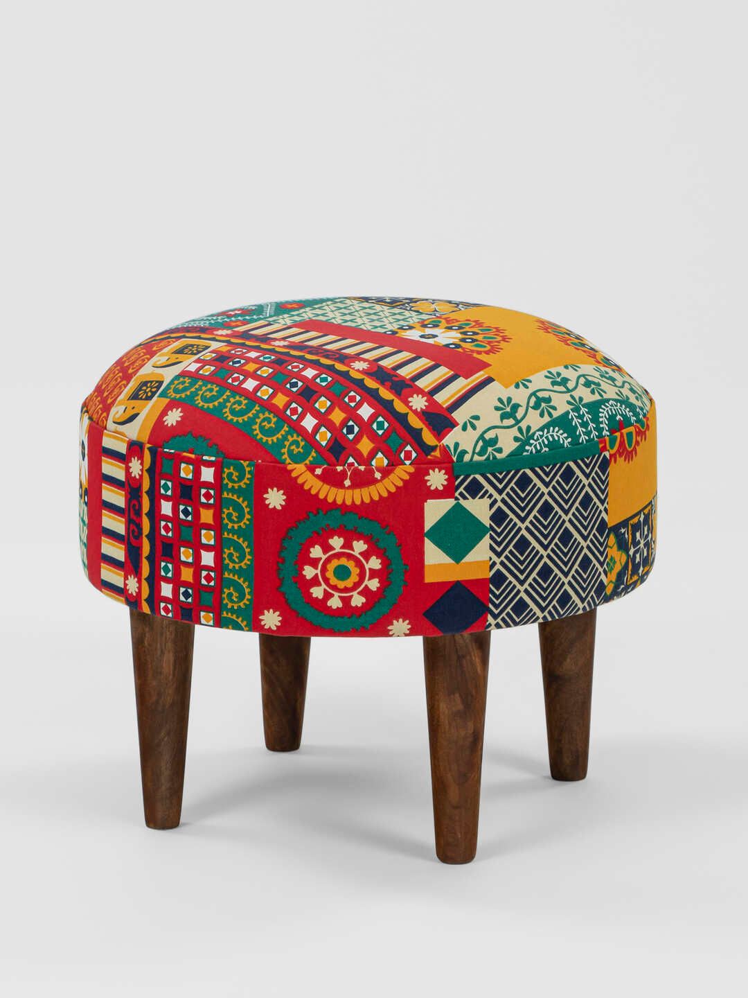 Chumbak Red & Green Printed Round Ottomans