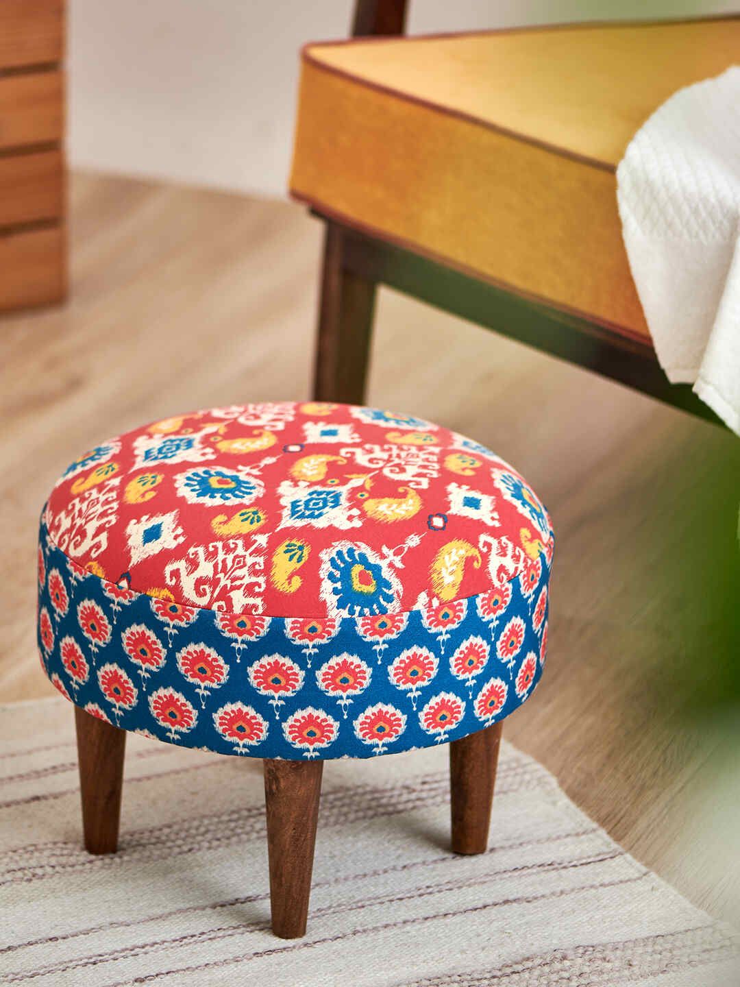Chumbak Red & Blue Printed Round Ottomans