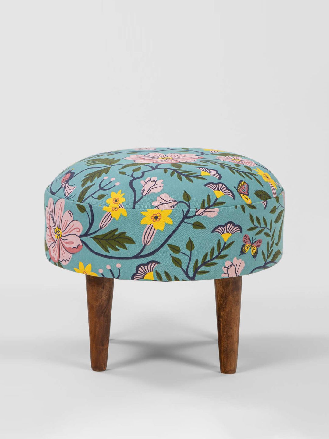 Chumbak Green & Yellow Floral-Printed Round Ottoman
