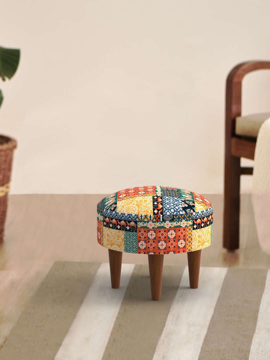 Chumbak The Begum Foot Rest Red & Yellow Printed Round Ottoman