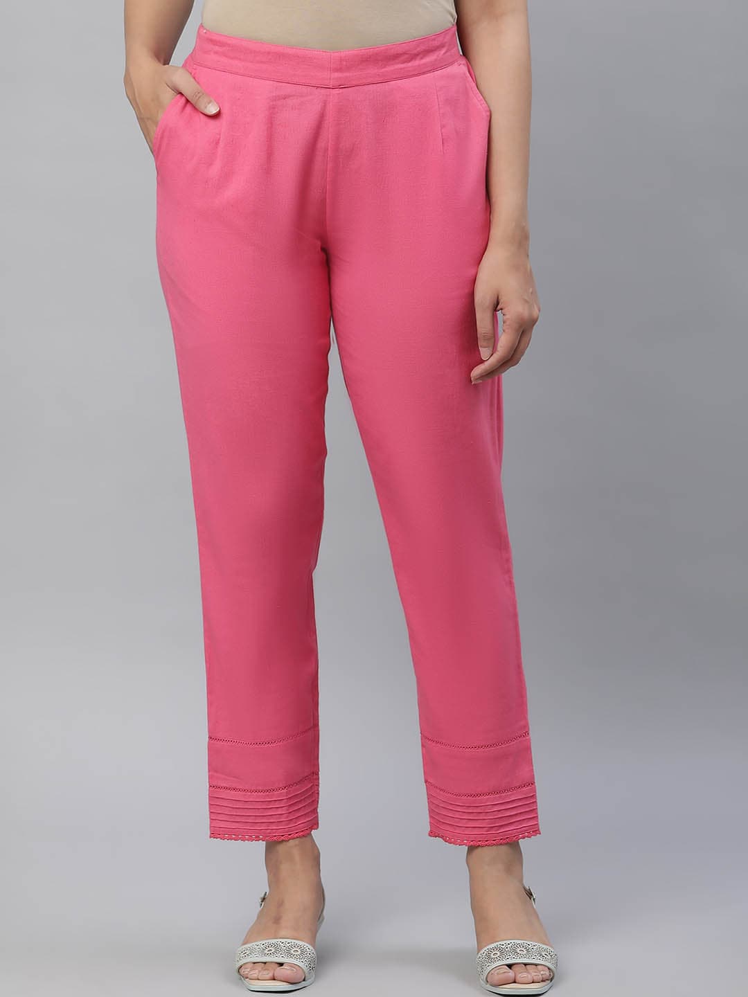 AURELIA Women Pink Slim Fit Pleated Trousers Price in India