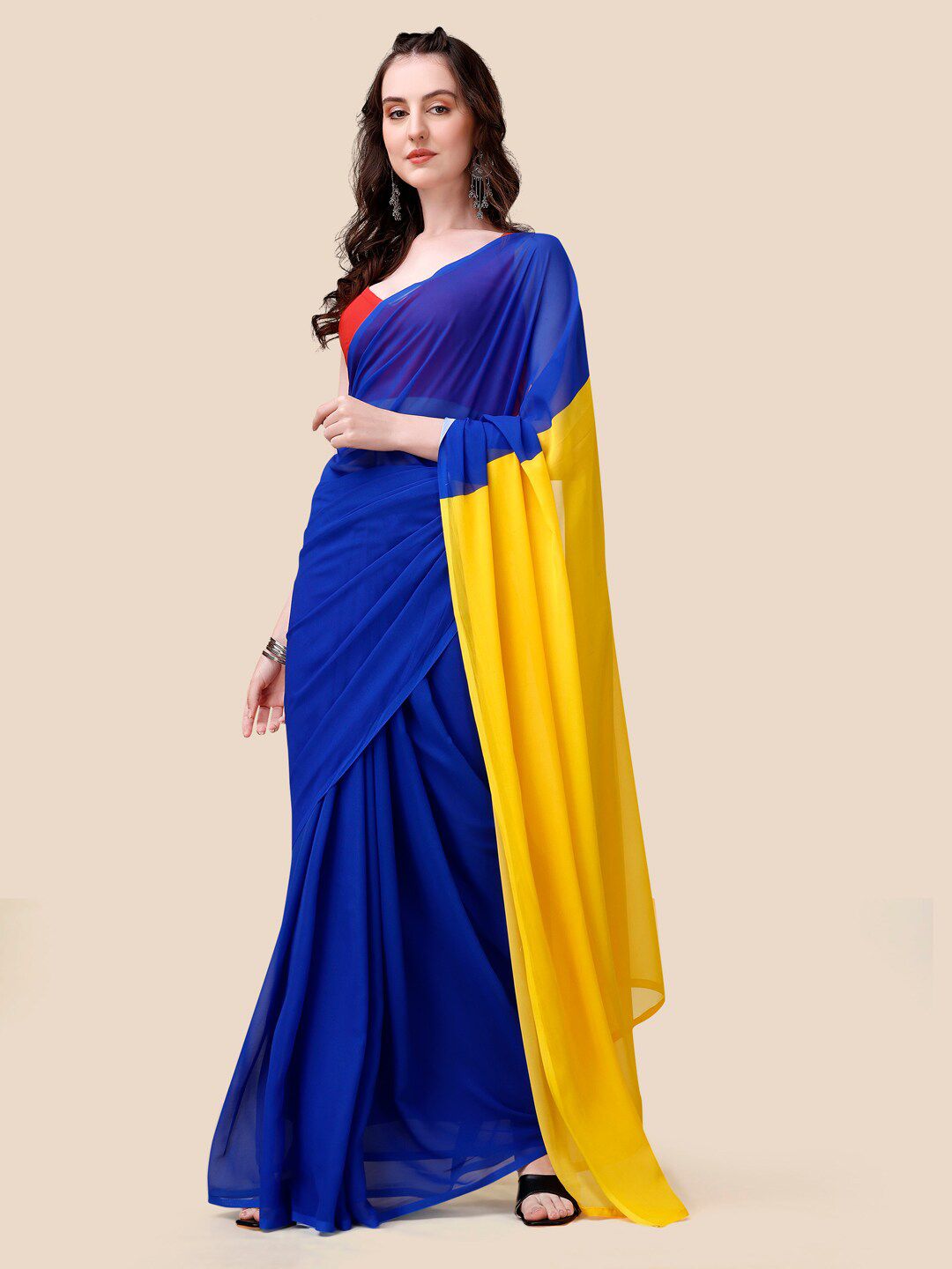 VASTRANAND Blue & Yellow Colourblocked Poly Georgette Celebrity Saree Price in India
