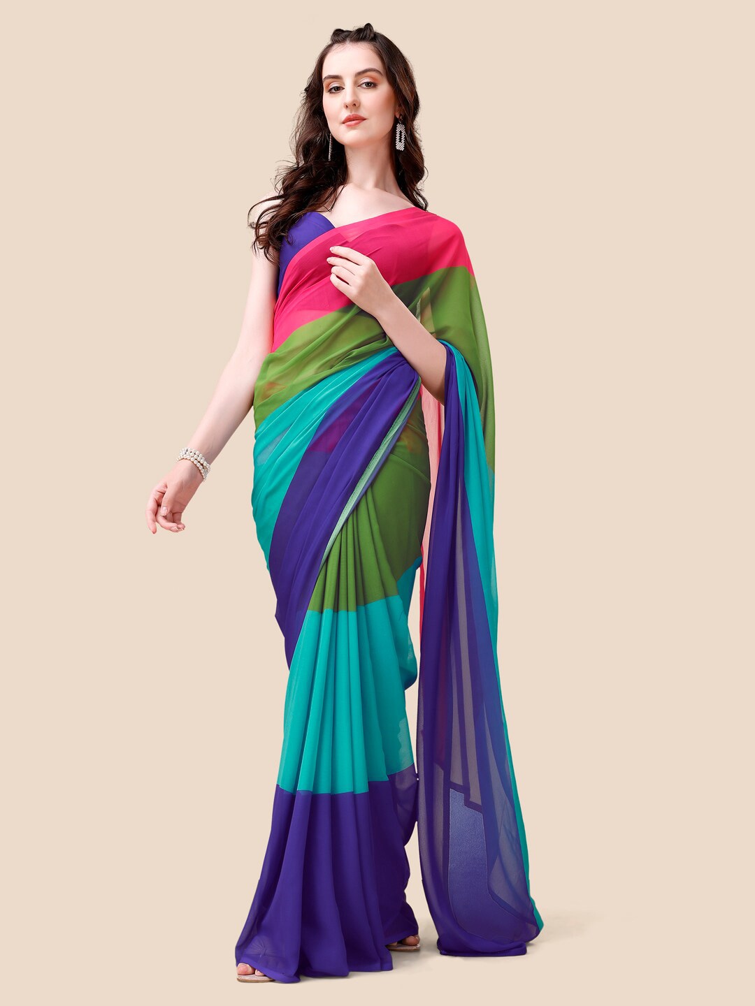 VASTRANAND Teal & Pink Colourblocked Poly Georgette Celebrity Saree Price in India
