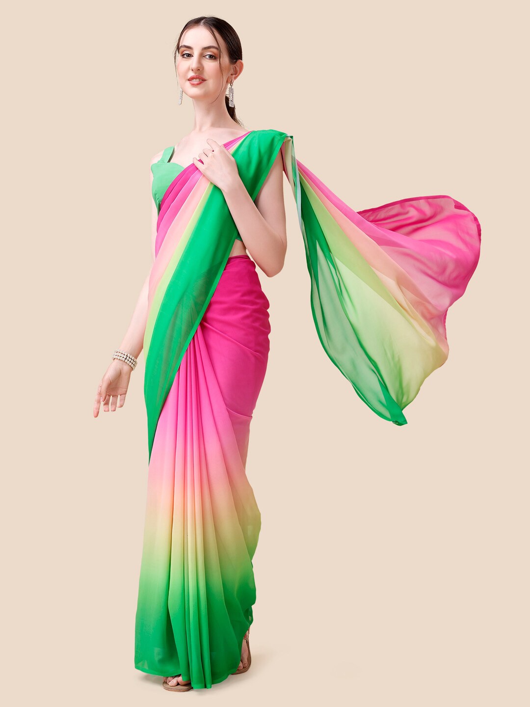 VASTRANAND Pink & Green Ombre Poly Georgette Celebrity Saree Price in India