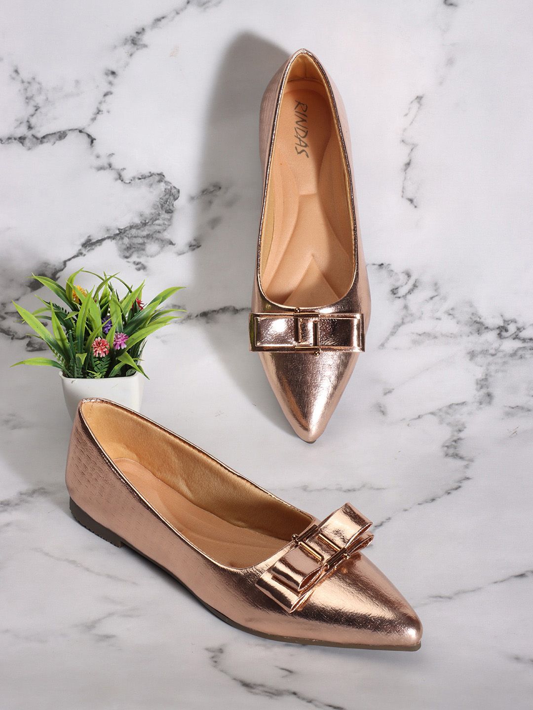 RINDAS Women Copper-Toned Colourblocked Party Ballerinas with Bows Flats Price in India