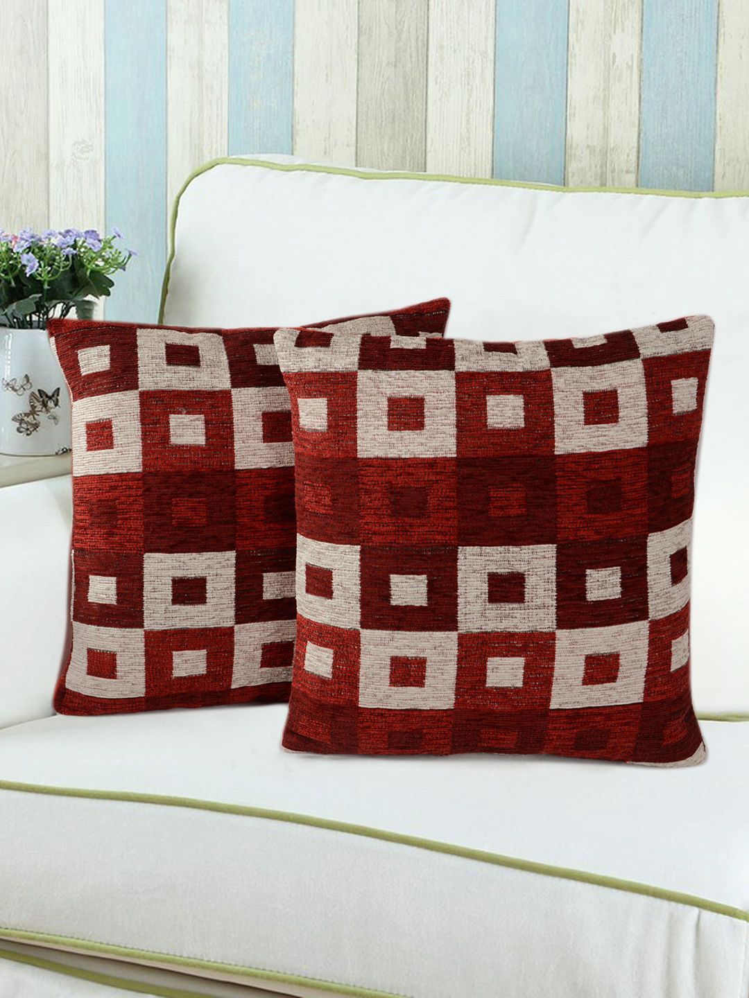 Saral Home Maroon Set of 2 Geometric Square Cushion Covers Price in India
