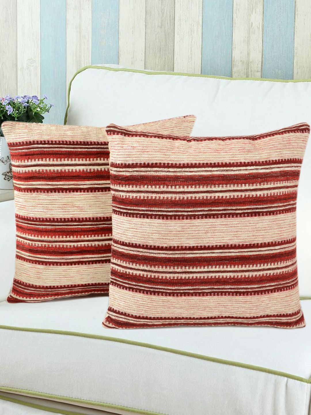 Saral Home Maroon & Beige Set of 2 Striped Square Cushion Covers Price in India
