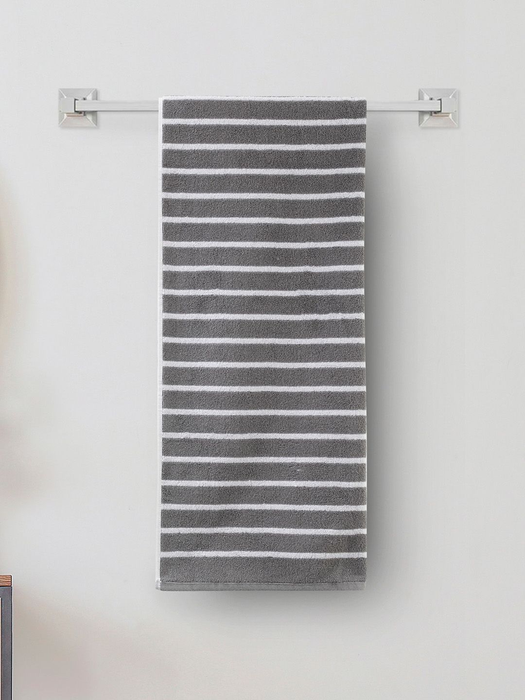 Home Centre Grey & White Striped 150 GSM Cotton Bath Towel