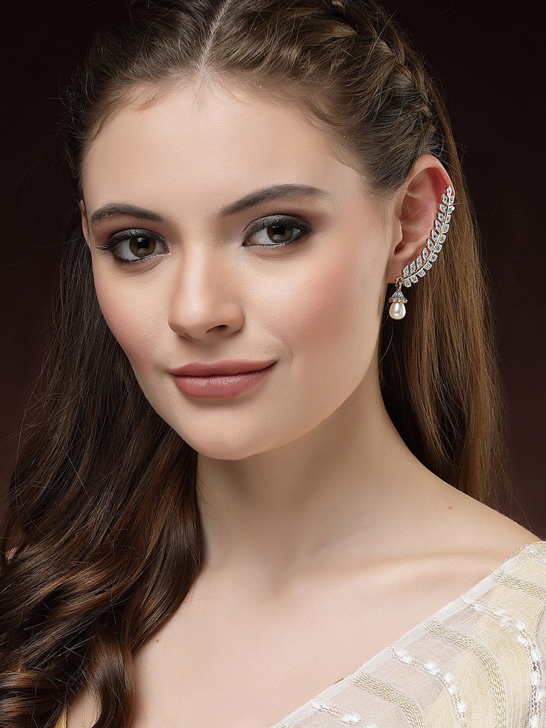 DressBerry White American Diamond Gold-Plated Leaf Shaped Ear Cuff Earrings