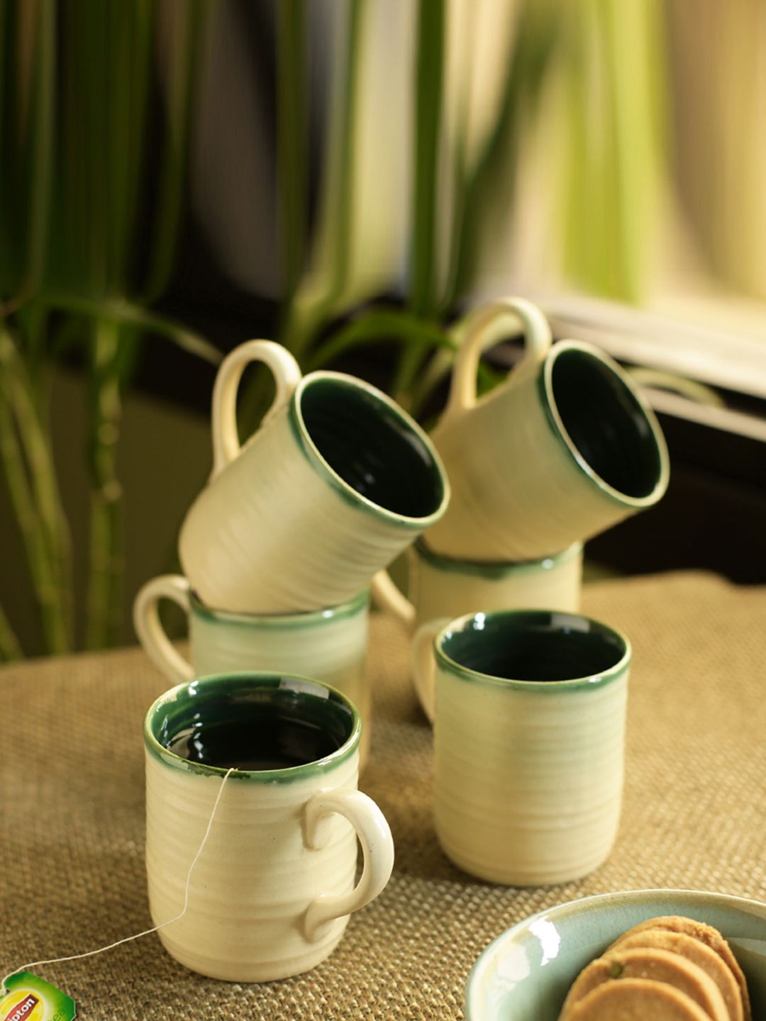 ExclusiveLane Cream-Coloured 6-Pieces Textured Ceramic Tea & Coffee Cup Set Price in India