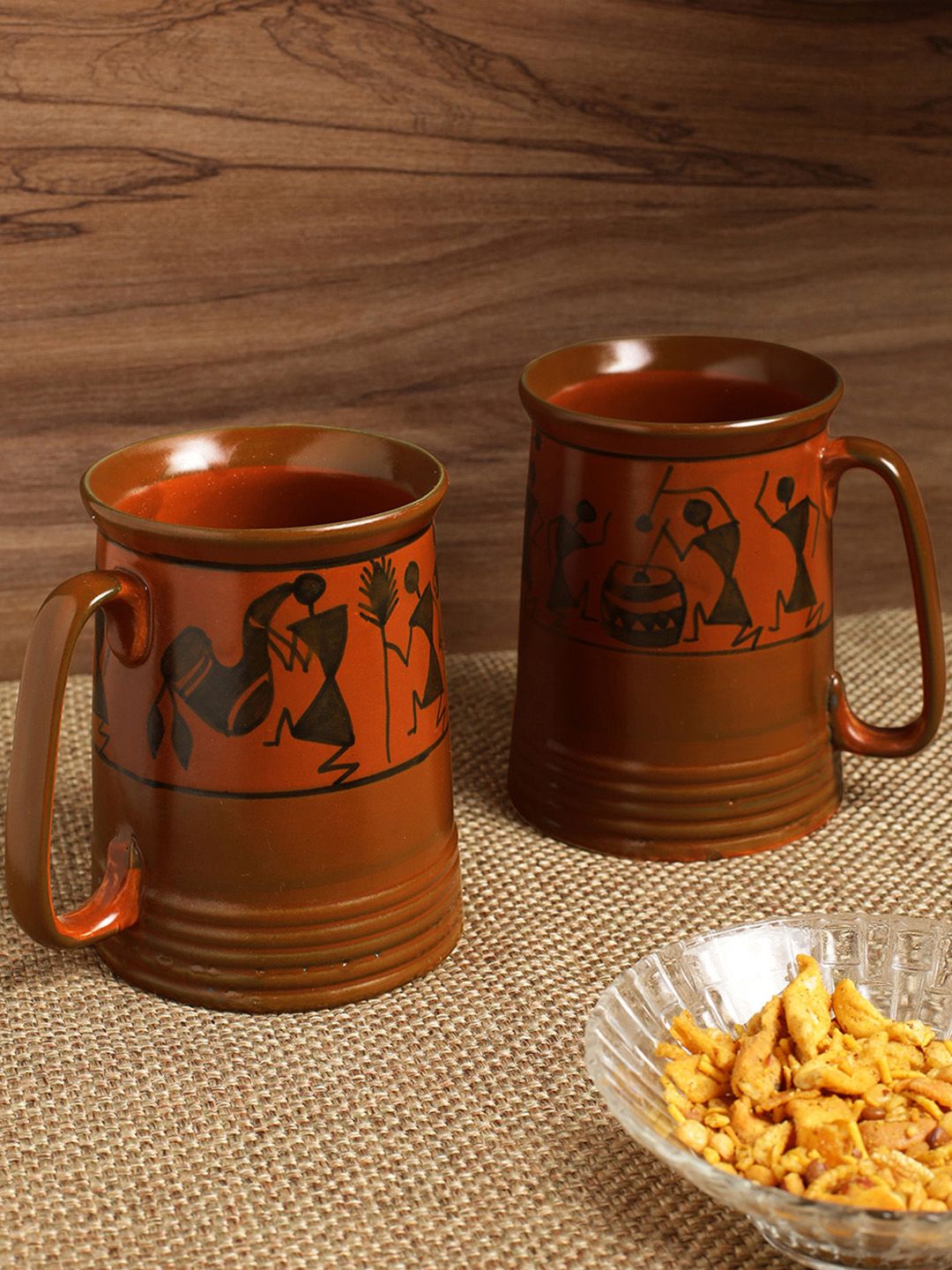 ExclusiveLane 'Two To Tango' Warli Hand-Painted Beer Glasses In Ceramic (Set Of 2) Price in India