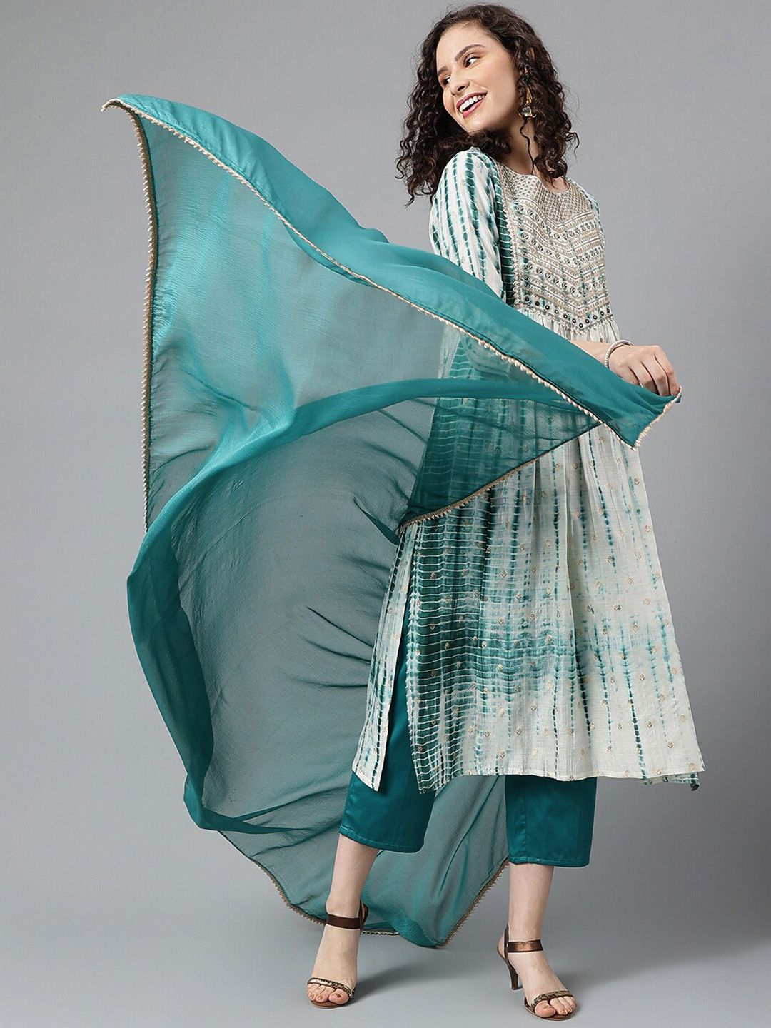 Khushal K Abstract Printed Thread Work A-Line Kurta & Palazzos With Dupatta Price in India