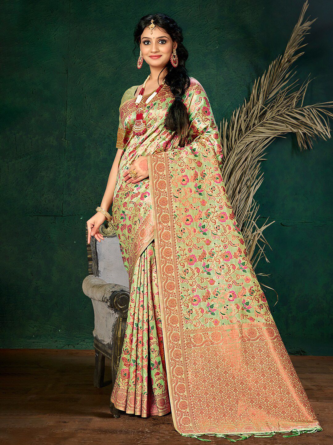 Mitera Green & Pink Ethnic Motifs Woven Design Zari Silk Blend Saree Price in India