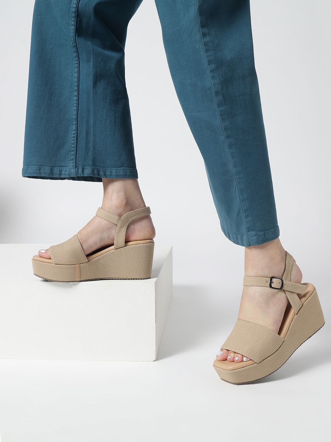 Marc LoireTextured Open Toe Wedges With Buckle Closure