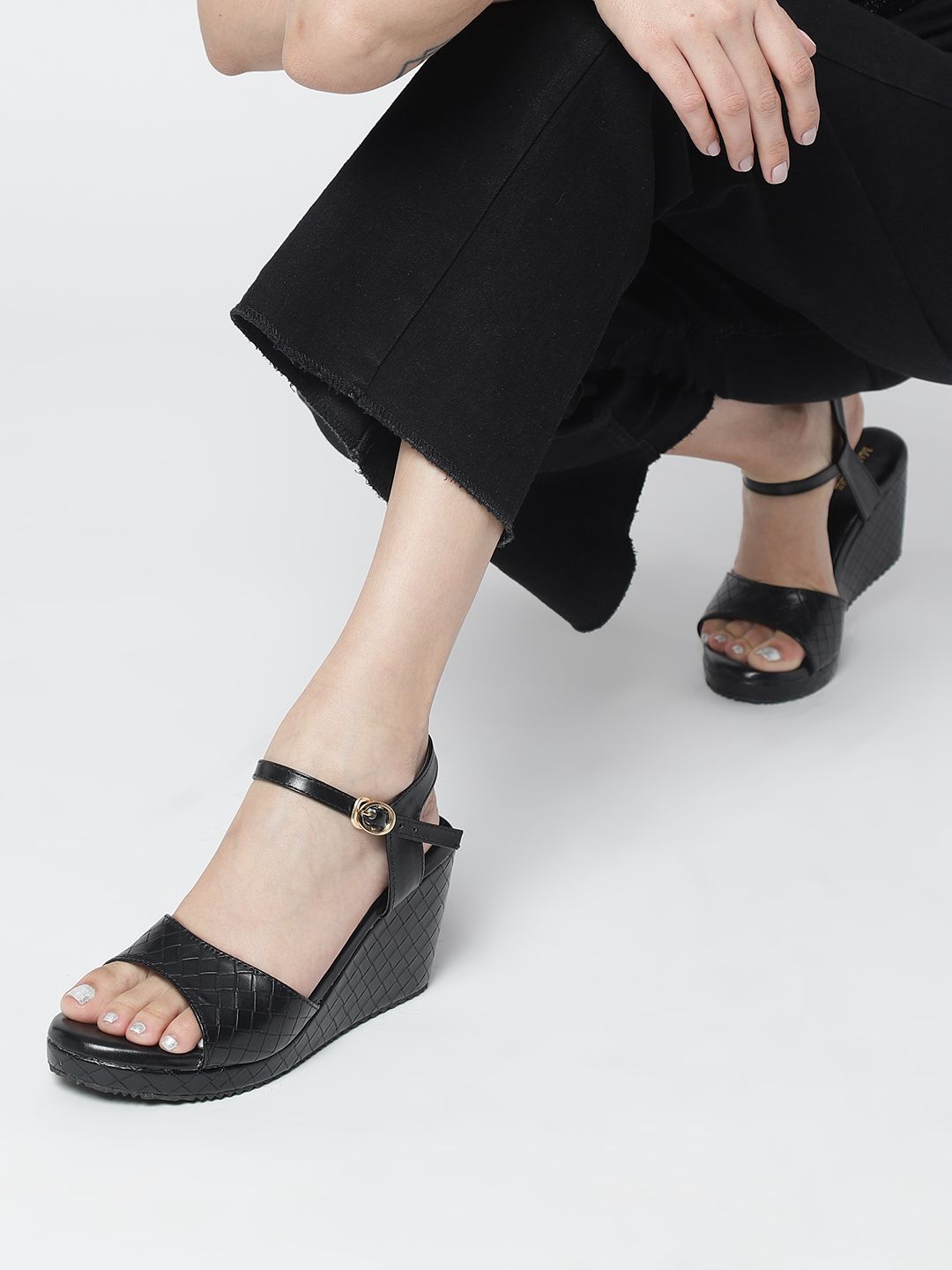 Marc Loire Textured Open Toe Wedges With Buckle Closure