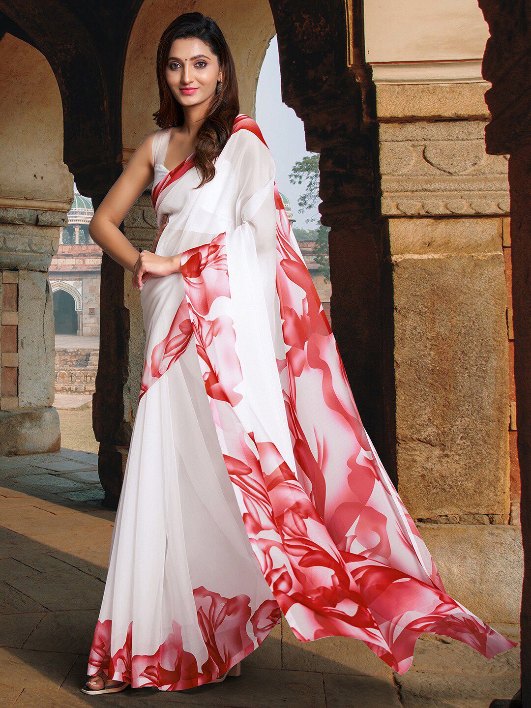 Mitera White & Red Floral Printed Organza Saree Price in India