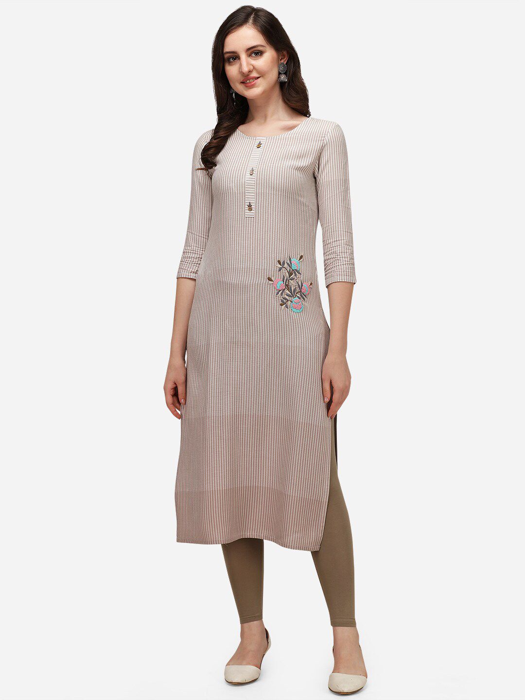 SANADO Women Cream-Coloured Striped Flared Sleeves Thread Work Kurta Price in India