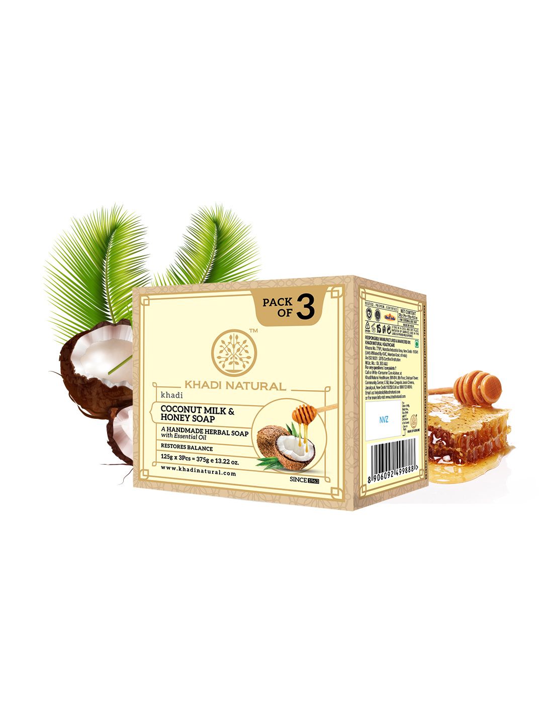 Khadi Natural Set of 3 Coconut Milk & Honey Herbal Soap with Essential Oils - 125g each