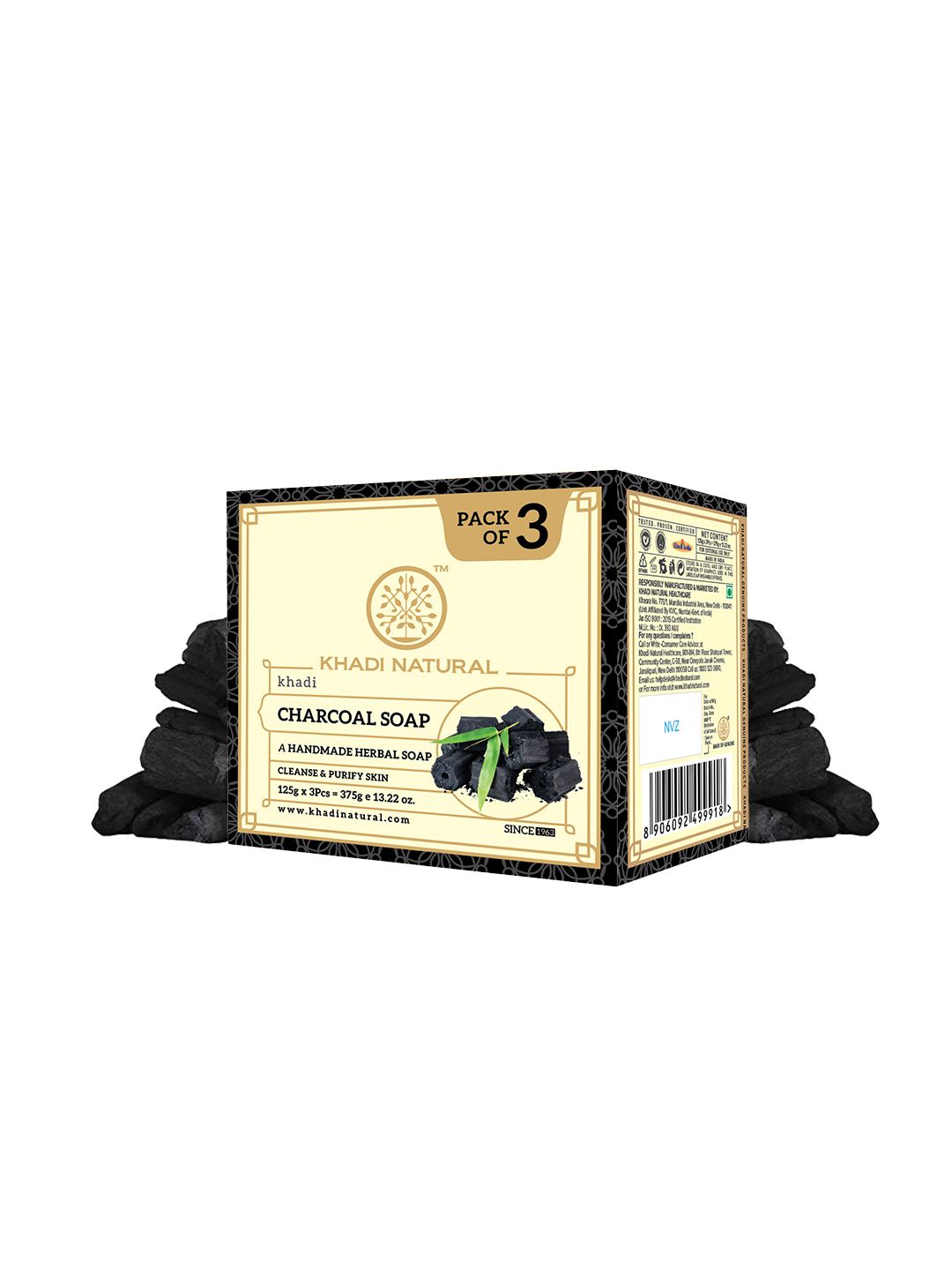 Khadi Natural Set of 3 Charcoal Herbal Soap - Cleanses & Purifies Skin - 125g each
