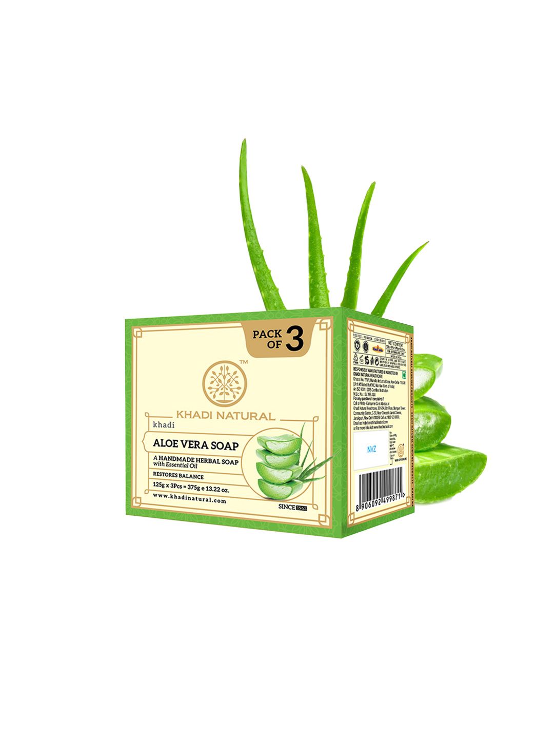 Khadi Natural Set of 3 Aloe Vera Herbal Soap with Essential Oils - 125g each