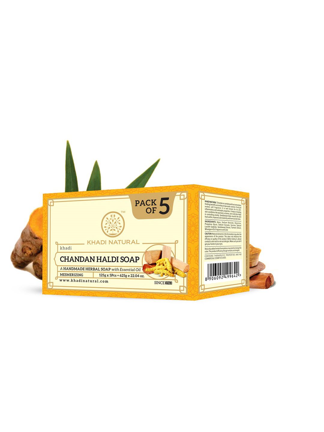 Khadi Natural Set of 5 Chandan Haldi Herbal Soap with Essential Oils - 125g each