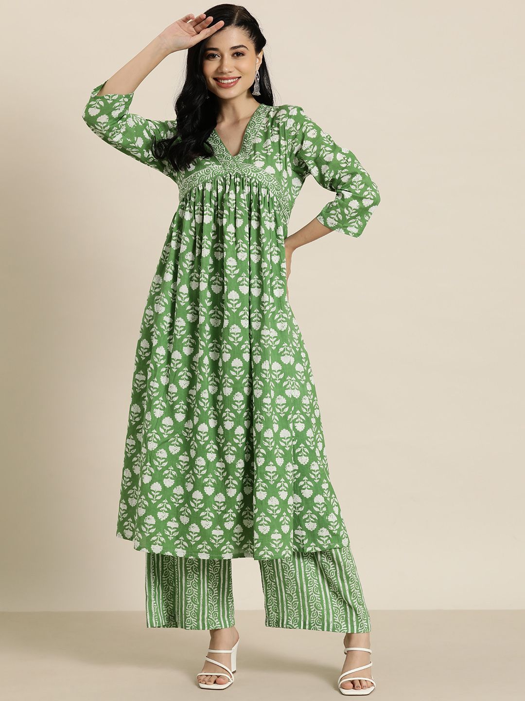 HERE&NOW Women Ethnic Motifs Printed Pleated Pure Cotton Kurta with Palazzos Price in India