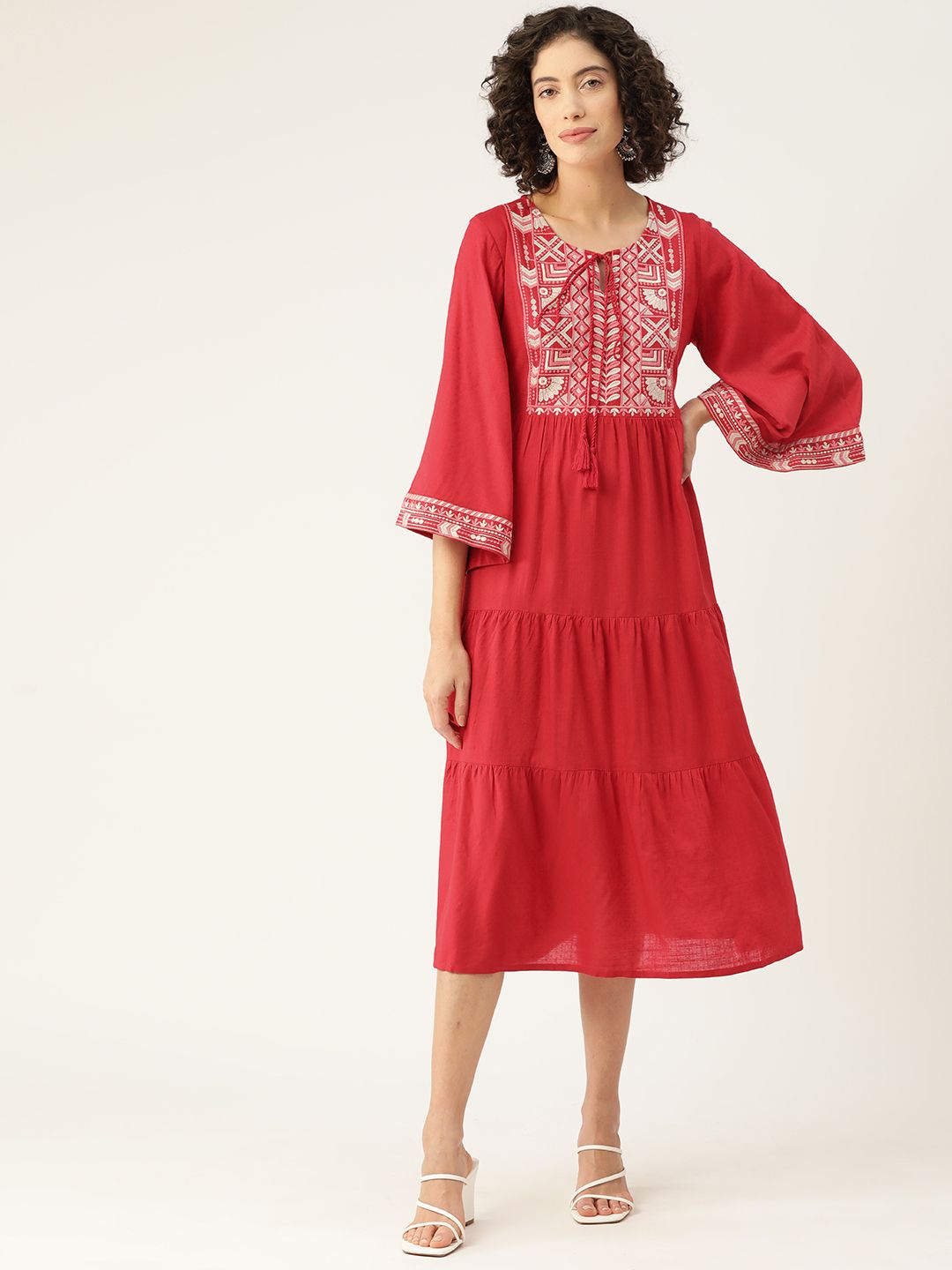 MISRI Embroidered Tie-Up Neck Bell Sleeve A-Line Midi Dress Price in India