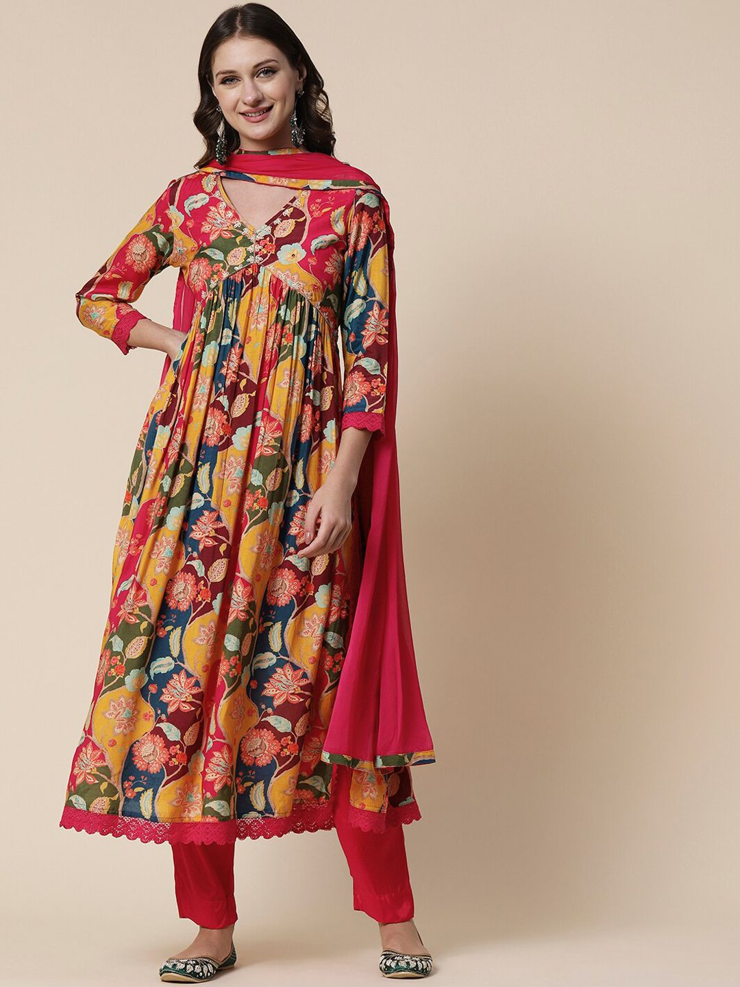FASHOR Yellow & PInk Floral Printed Kurta With Trousers & Dupatta Price in India