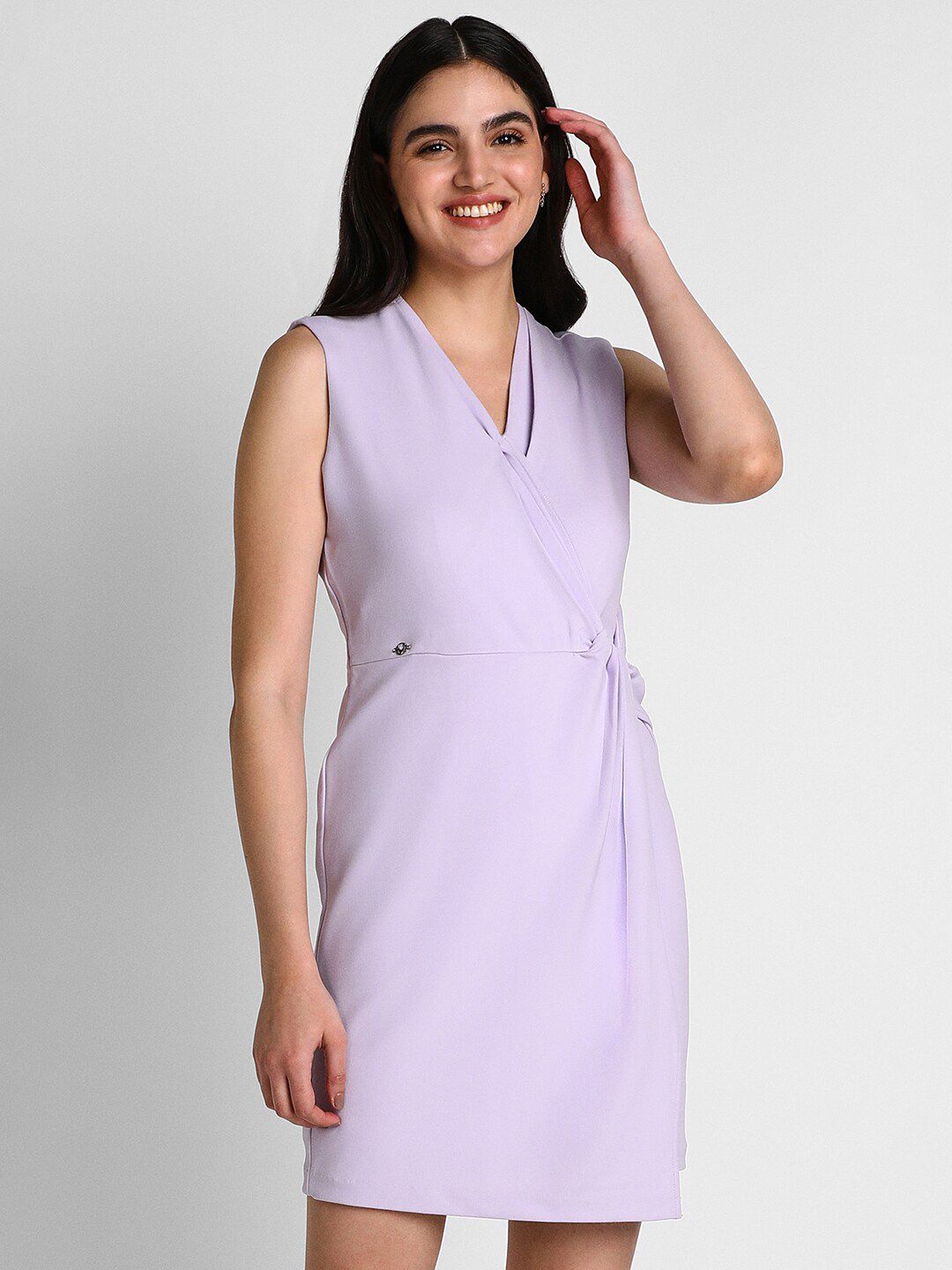 Allen Solly Woman V-Neck Sleeveless Pleated Wrap Dress