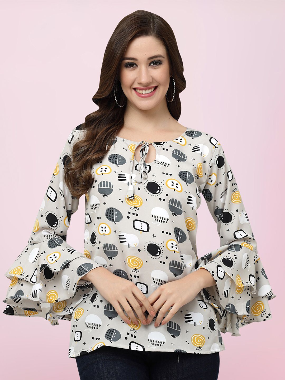 BAESD Grey Floral Print Tie-Up Neck Bell Sleeve Crepe Top Price in India