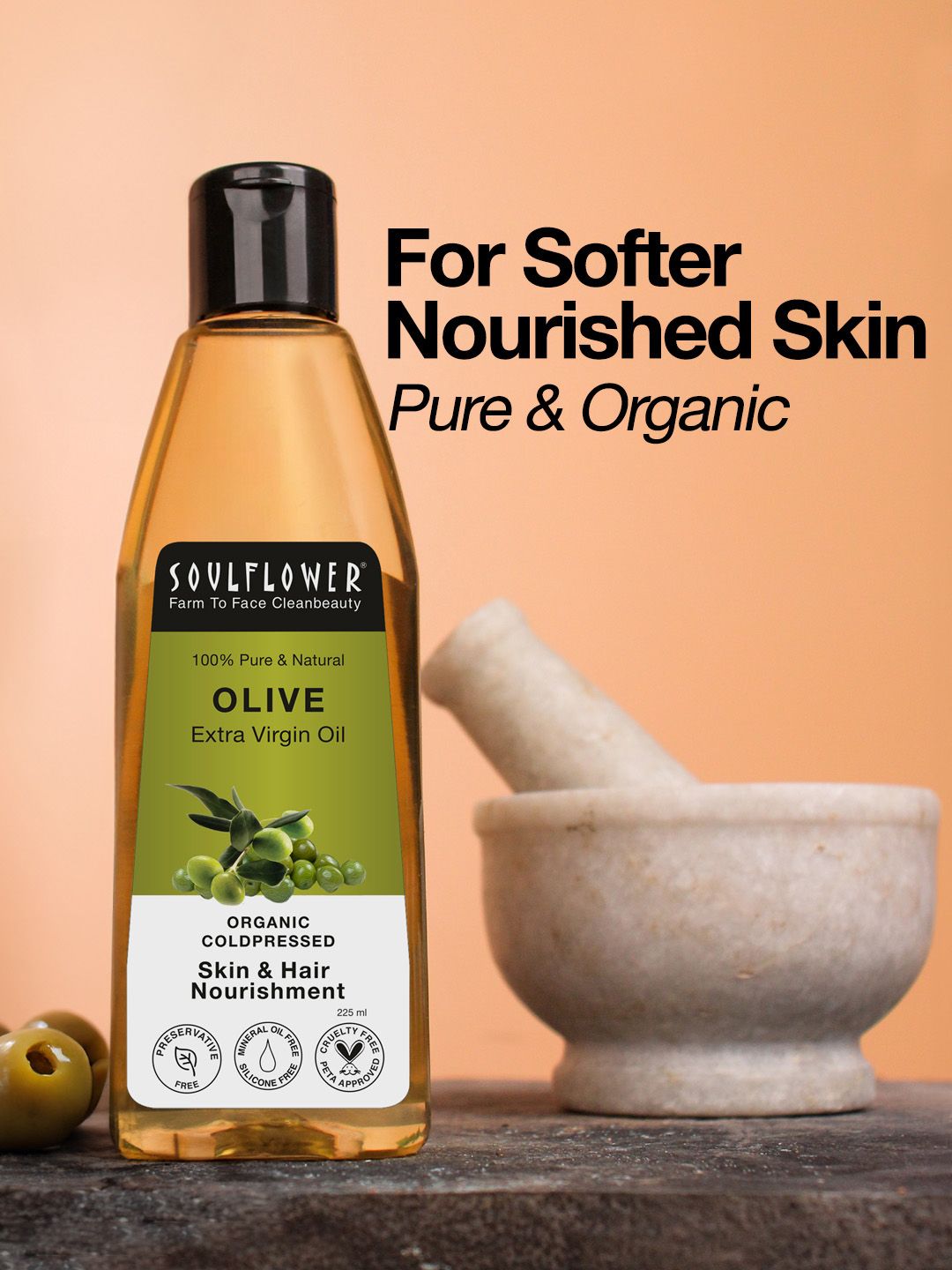 Soulflower Coldpressed Extra Virgin Olive Oil for Makeup Remover & Hair Growth 225 ml