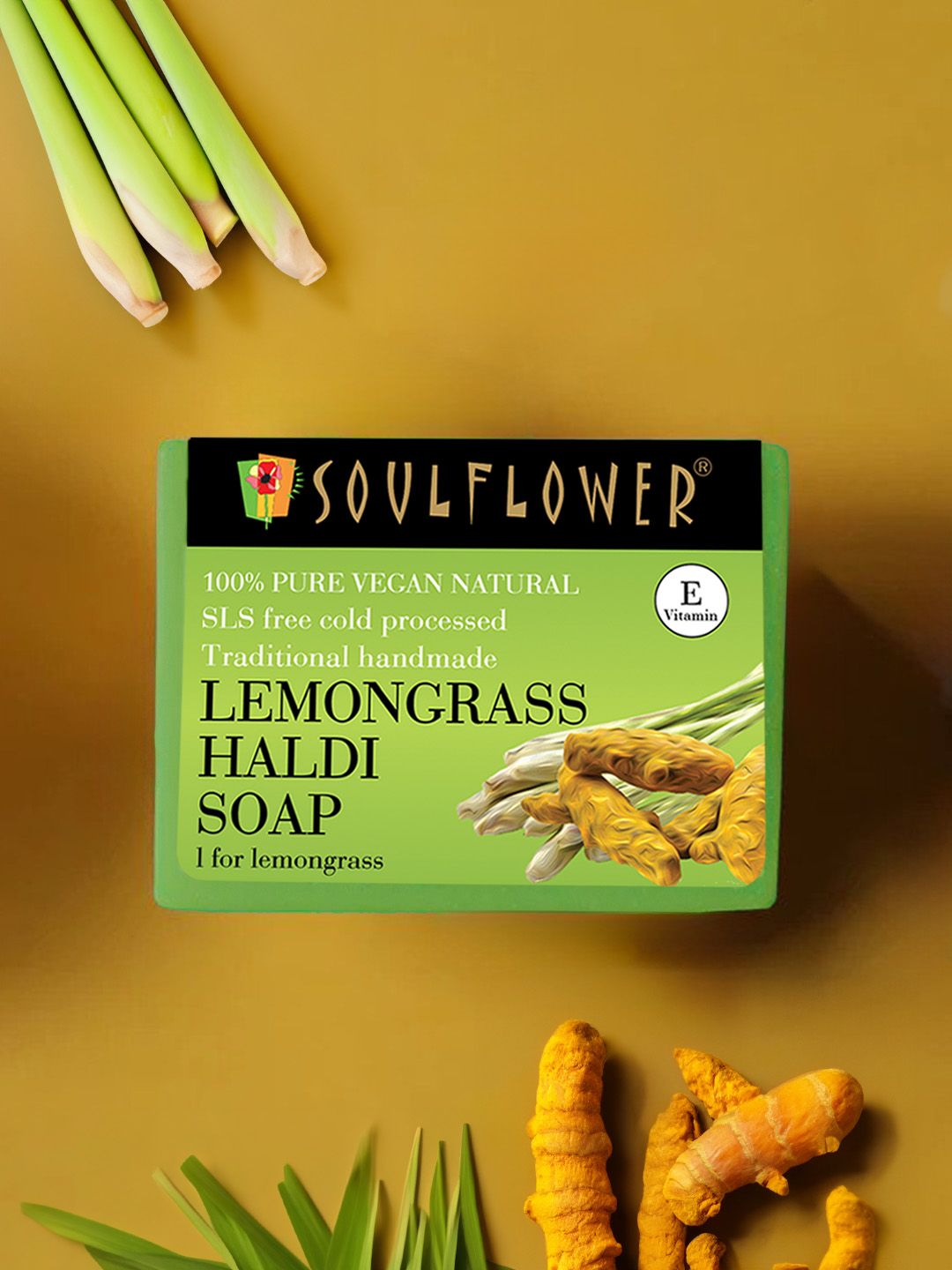 Soulflower 100% Organic & Natural Lemongrass Haldi Soap for Acne & Pimple Control - 150g