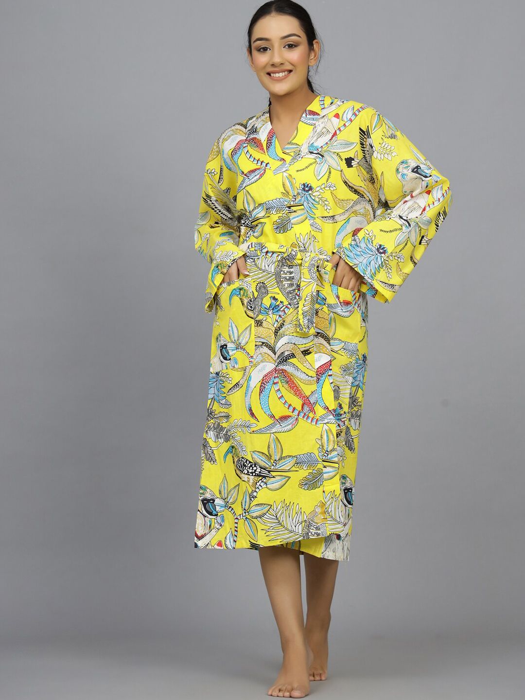 HANDICRAFT PALACE Monkey Printed Pure Cotton Bathrobe