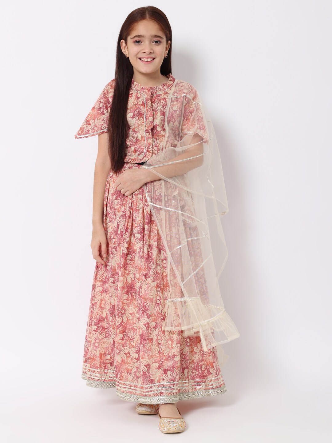 Readiprint Fashions Girls Mauve & Cream-Coloured Printed Ready to Wear Lehenga & Blouse With Dupatta Price in India
