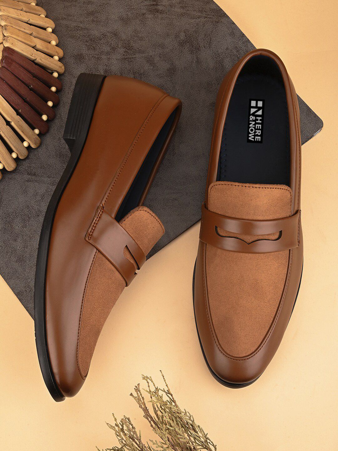 HERE&NOW Men Tan Brown Round-Toe Formal Loafers