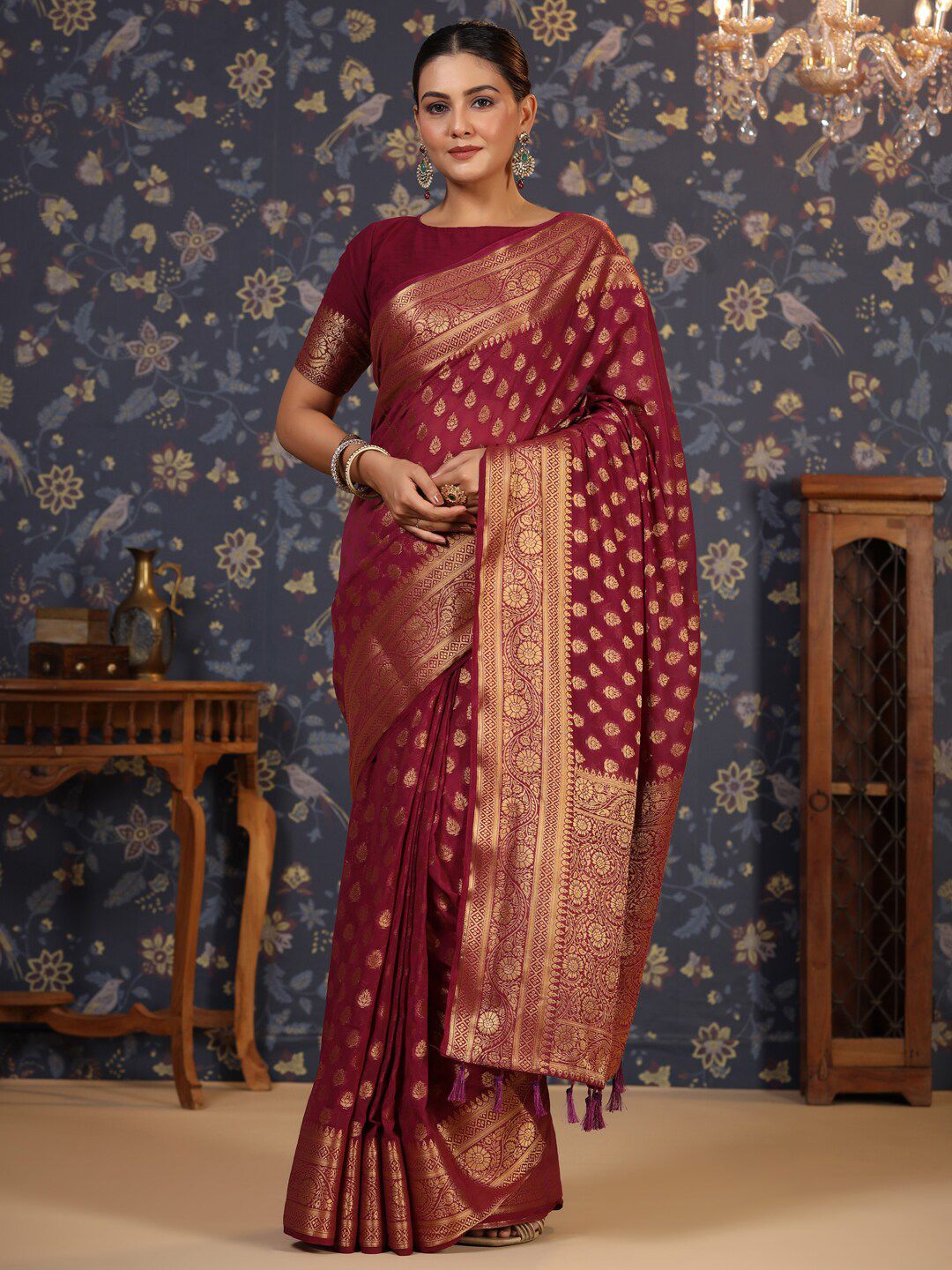 House of Pataudi Ethnic Motifs Woven Design Zari Pure Georgette Saree Price in India