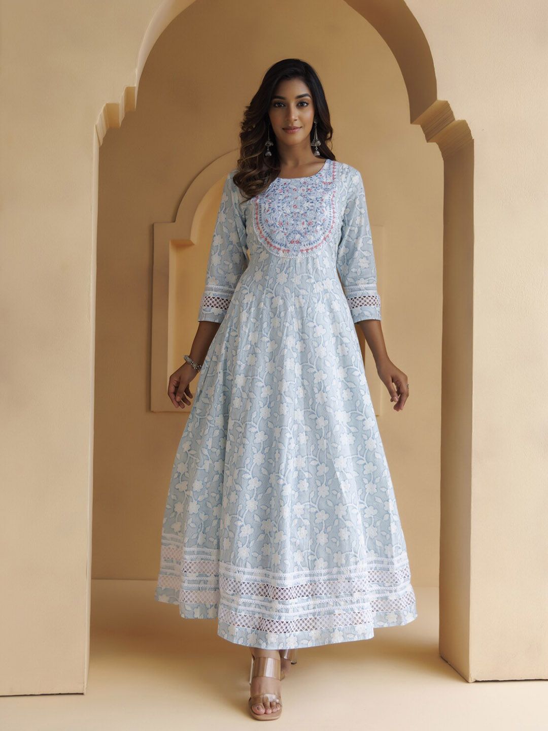 Geroo Jaipur Blue Floral Embroidered A-Line Maxi Dress Price in India